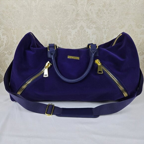 Joy & Iman Royal Blue Velour Travel Weekend Bag Gold Hardware 2 Handles Long Stp - Picture 1 of 16